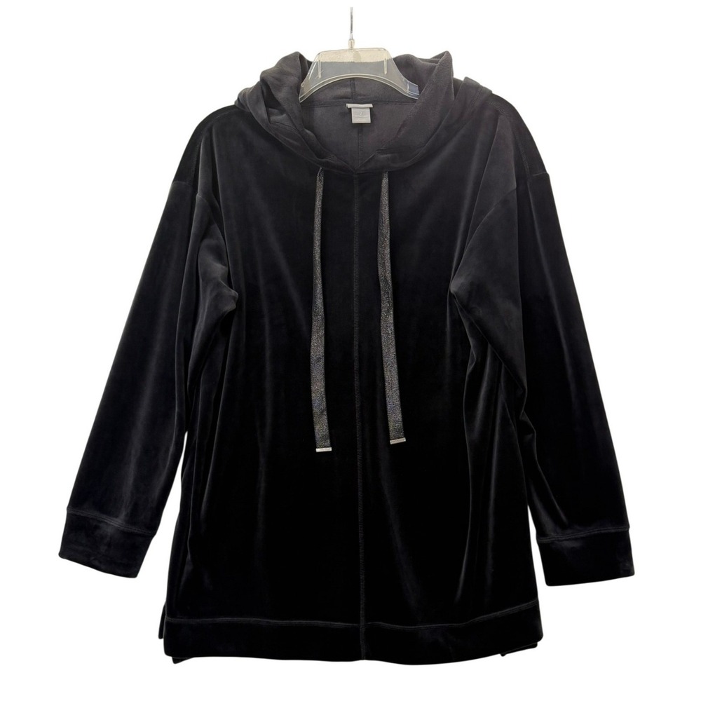 Chicos Zenergy Black Velour Hoodie Metallic Drawstring Side Slit Size 2 US 12/14